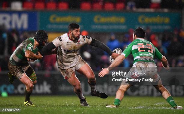 Northern Ireland , United Kingdom - 3 March 2017; Charles Piutau of Ulster is tackled by Ian McKinley, supported by Andrea Pratichetti of Benetton...