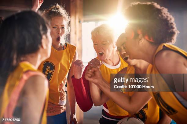 female netball team preparing to training in gym. - girl power (expressão inglesa) imagens e fotografias de stock