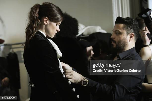 Model poses backstage prior to the Zuhair Murad show at Hotel de Ville as part of the Paris Fashion Week Womenswear Fall/Winter 2017/2018 on March 3,...