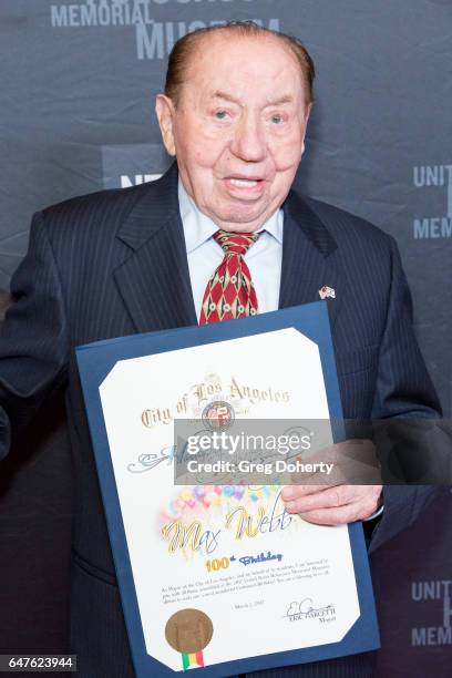 Max Webb, a Holocaust Survivor and celebrating his 100th birthday attends the United States Holocaust Memorial Museum Presents 2017 Los Angeles...