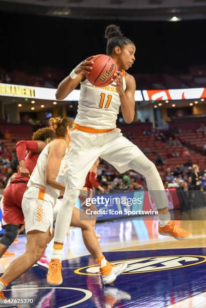 Tennessee guard Diamond DeShields grabs a rebound during 1st half action between the Alabama Crimson Tide and the Tennessee Volunteers on March 02,...