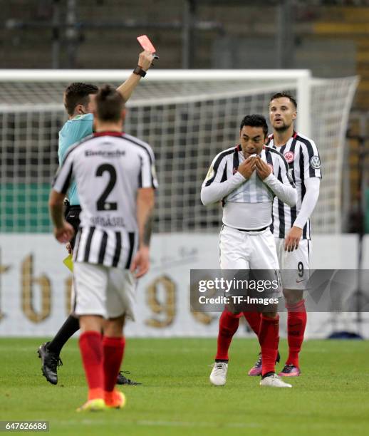 Referee Harm Osmers gives Marco Fabian of Frankfurt Red card during the Bundesliga match between TSG 1899 Hoffenheim and Hertha BSC at Wirsol...