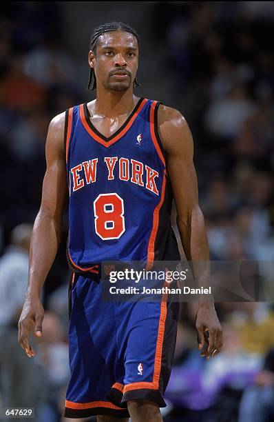 LaTrell Sprewell of the New York Knicks looks on during the game against the Milwaukee Bucks at the Bradley Center in Milwaukee, Wisconsin. The...