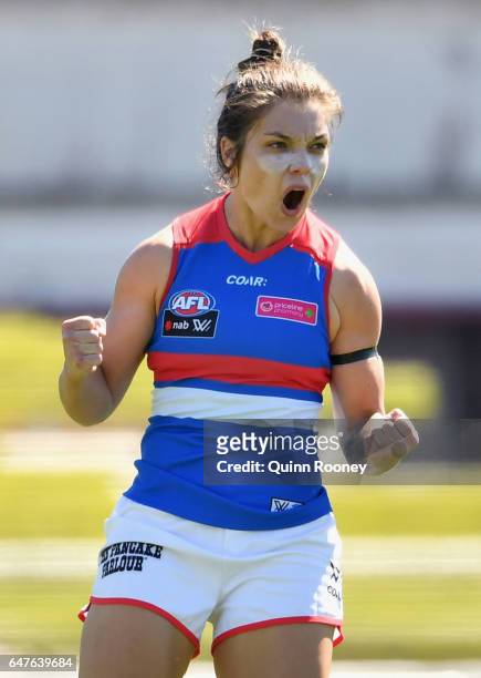Ellie Blackburn of the Bulldogs celebrates kicking a goal during the round five AFL Women's match between the Carlton Blues and the Western Bulldogs...
