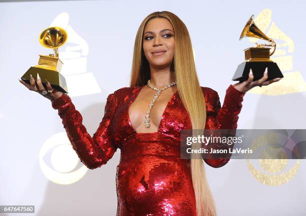 Beyonce poses in the press room at the 59th GRAMMY Awards at Staples Center on February 12, 2017 in Los Angeles, California.