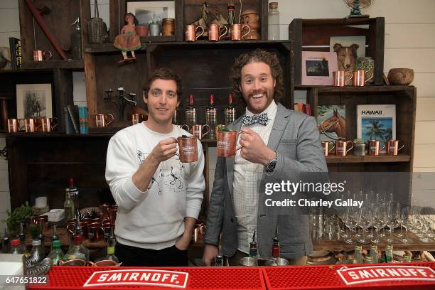 Thomas Middleditch and T.J. Miller toast Smirnoff Moscow Mules to the first official National Moscow Mule Day at Fairmont Miramar Hotel on March 3,...