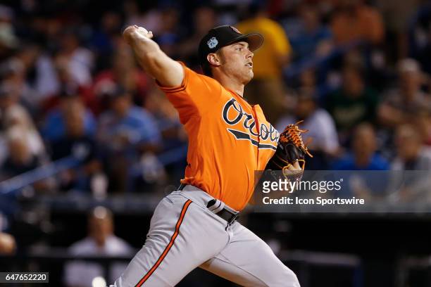 Baltimore Orioles starting pitcher Tyler Wilson delivers a pitch during the Spring Training game between the Baltimore Orioles and New York Yankees...