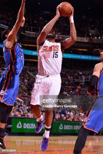 Alan Williams of the Phoenix Suns goes to the basket against the Oklahoma City Thunder on March 3, 2017 at Talking Stick Resort Arena in Phoenix,...
