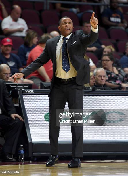 Head coach Damon Stoudamire of the Pacific Tigers reacts during a first-round game of the West Coast Conference Basketball Tournament against the...