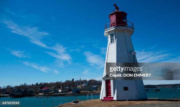 The Mulholland Point Light stands with Lubec, Maine across the water March 3, 2017 on Campobello Island, Canada. Lubec is the easternmost town in the...