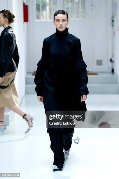 Model walks the runway during the Anne Sofie Madsen show as part of the Paris Fashion Week Womenswear Fall/Winter 2017/2018 on March 1, 2017 in...