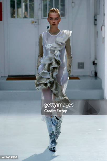 Model walks the runway during the Anne Sofie Madsen show as part of the Paris Fashion Week Womenswear Fall/Winter 2017/2018 on March 1, 2017 in...