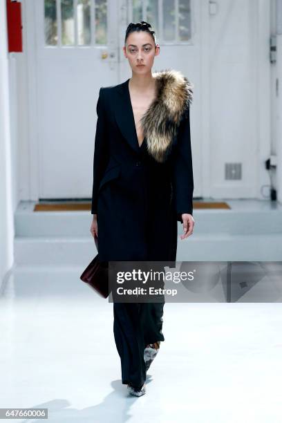 Model walks the runway during the Anne Sofie Madsen show as part of the Paris Fashion Week Womenswear Fall/Winter 2017/2018 on March 1, 2017 in...