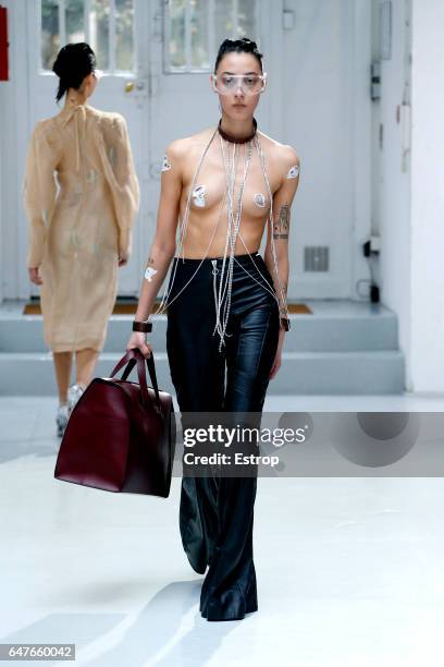 Model walks the runway during the Anne Sofie Madsen show as part of the Paris Fashion Week Womenswear Fall/Winter 2017/2018 on March 1, 2017 in...