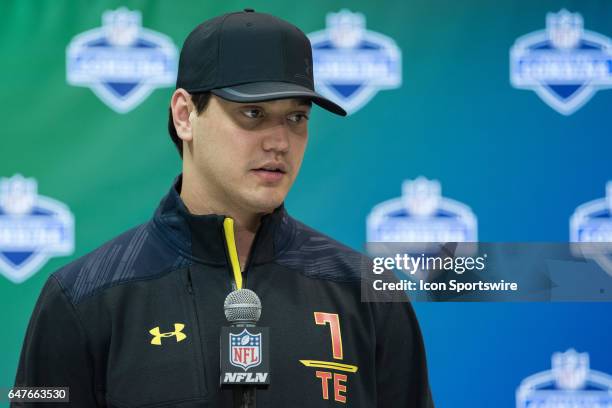 Louisville tight end Cole Hikutini answers questions from the media during the NFL Scouting Combine on March 3, 2017 at Lucas Oil Stadium in...