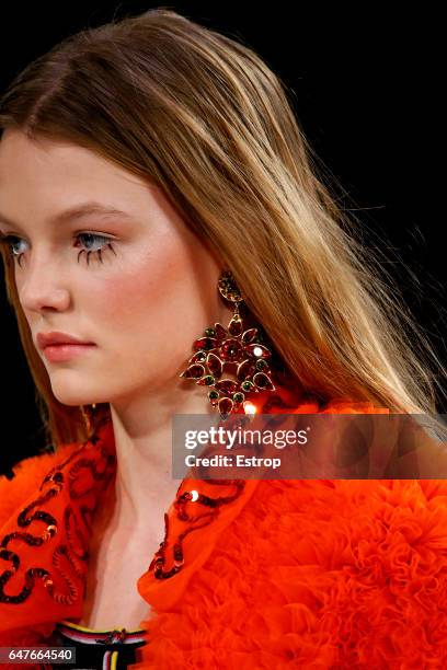 Jewelry detail at the Jeremy Scott show during the New York Fashion Week February 2017 collections on February 10, 2017 in New York City.
