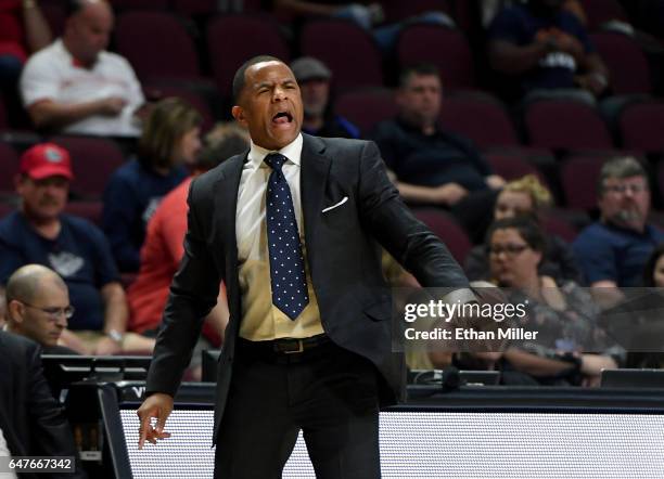 Head coach Damon Stoudamire of the Pacific Tigers reacts during a first-round game of the West Coast Conference Basketball Tournament against the...