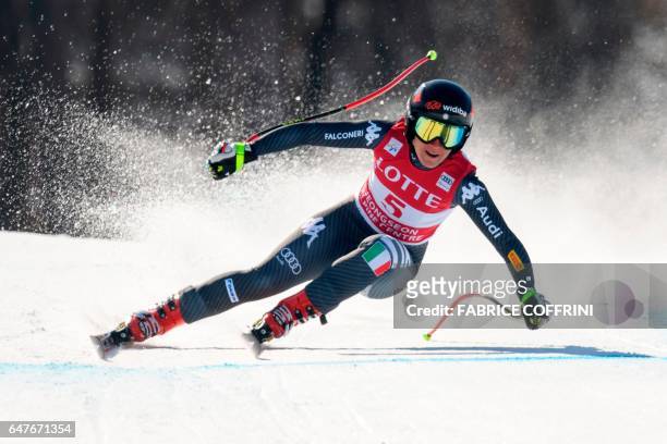Italy's Sofia Goggia competes to win the women's downhill race at the FIS Alpine Ski World Cup in Jeongseon, some 150km east of Seoul, that is also...