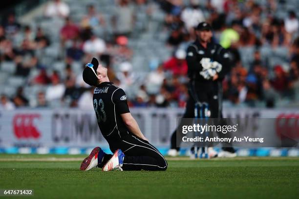 James Neesham of New Zealand reacts during game five of the One Day International series between New Zealand and South Africa at Eden Park on March...