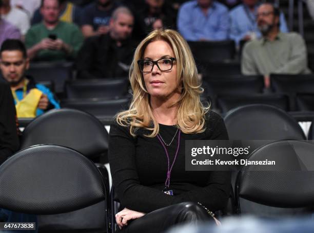 Jeanie Buss, part-owner and president of the Los Angeles Lakers, seated courtside during the Boston Celtics and Los Angeles Lakers basketball game at...