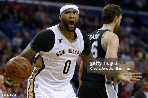 DeMarcus Cousins of the New Orleans Pelicans reacts during the second half of a game against the San Antonio Spurs at the Smoothie King Center on...