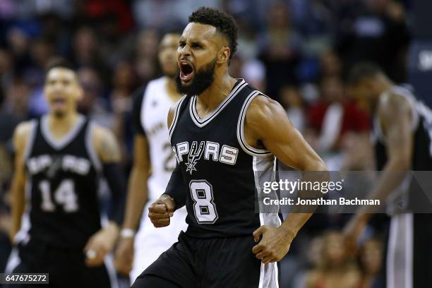 Patty Mills of the San Antonio Spurs reacts after scoring during overtime of a game against the New Orleans Pelicans at the Smoothie King Center on...