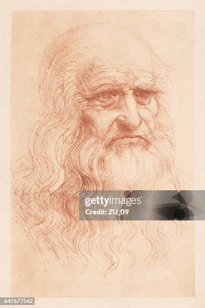 ilustraciones, imágenes clip art, dibujos animados e iconos de stock de leonardo da vinci (1452-1519), erudito italiano, heliograbado, publicado en 1884 - leonardo da vinci portrait
