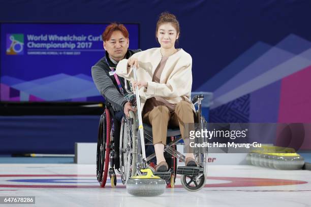 Former figure skater Yuna Kim attends during the PyeongChang 2018 Paralympic Day and Opening of the World Wheelchair Curling Championship 2017 at...
