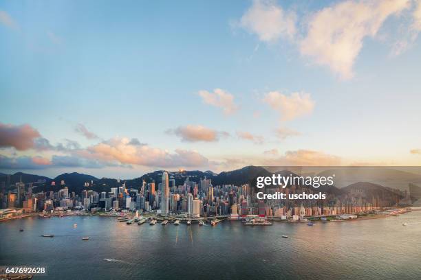 hong kong victoria harbor from air - victoria hong kong stock pictures, royalty-free photos & images