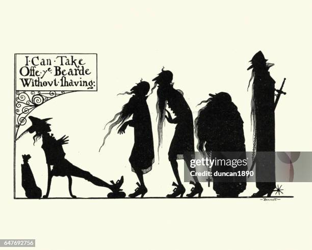 silhouettes of men with long beard queing at a barber shop - satire stock illustrations