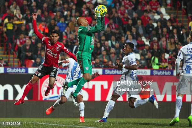 Oscar Perez goalkeeper of Pachuca catches the ball during the 9th round match between Tijuana and Monterrey as part of the Torneo Clausura 2017 Liga...