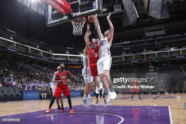 Georgios Papagiannis of the Reno Bighorns blocks the shot against Will Sheehey of the Raptors 905 during the game on March 3, 2017 at Golden 1 Center...
