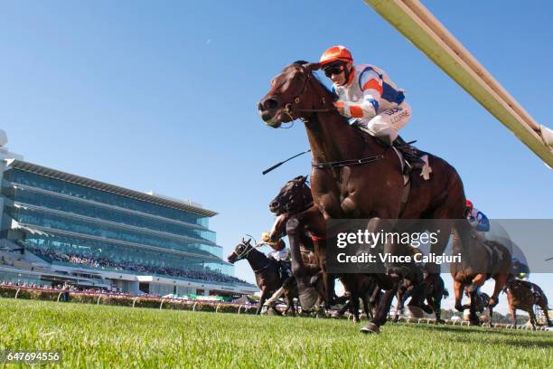 Luke Currie riding Hey Doc winning Race 7, Australian Guineas during Melbourne Racing at Flemington Racecourse on March 4, 2017 in Melbourne,...