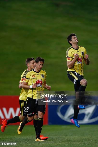 Guilherme Finkler of Welington celebrates his goal during the round 22 A-League match between the Wellington Phoenix and the Perth Glory at QBE...