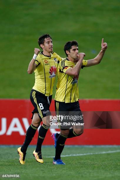 Guilherme Finkler of Welington celebrates his goal during the round 22 A-League match between the Wellington Phoenix and the Perth Glory at QBE...