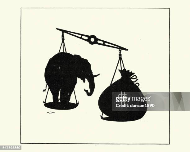 illustrazioni stock, clip art, cartoni animati e icone di tendenza di borsa di bilance per elefanti e dollari - satire