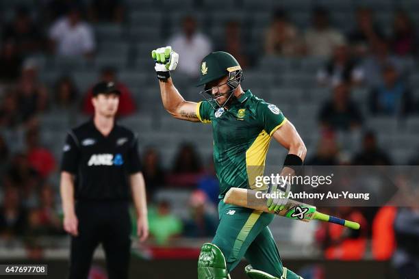Faf du Plessis of South Africa celebrates winning game five of the One Day International series between New Zealand and South Africa at Eden Park on...