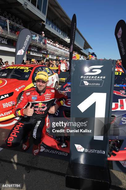 Race winner Shane Van Gisbergen celebrates in parc ferme after race 1 for the Clipsal 500, which is part of the Supercars Championship at Adelaide...