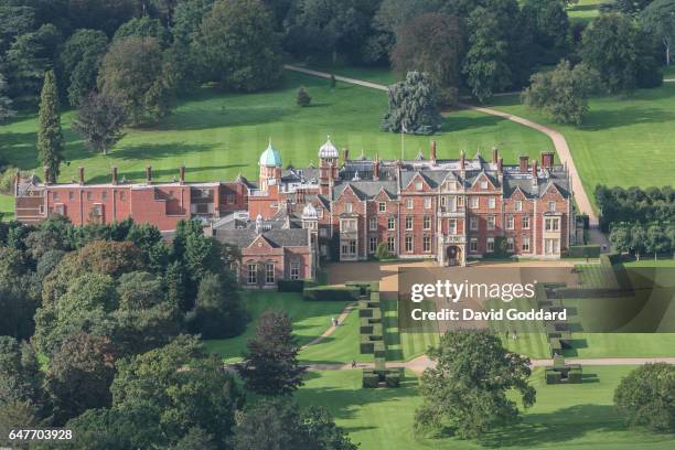 Aerial view of Queen Elizabeth II's Country residence, Sandringham Hall on October 3, 2006 in Sandringham, England. This Jacobean Country house is...