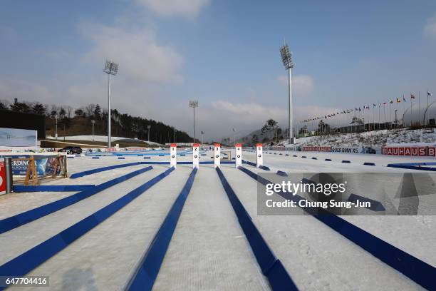 The general view of the Alpensia Biathlon Centre, venue for Biathlon ahead of PyeongChang 2018 Winter Olympic Games on March 4, 2017 in...