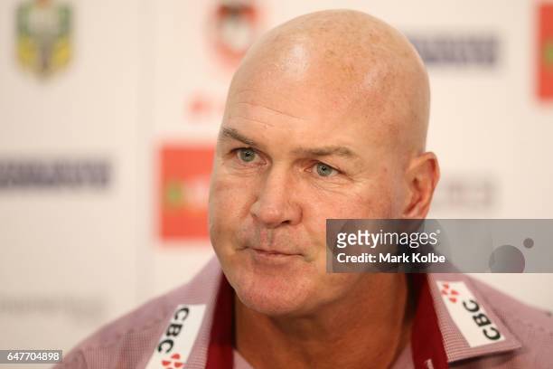 Dragons coach Paul McGregor speaks to the media during the post match press conference after the round one NRL match between the St George Illawarra...