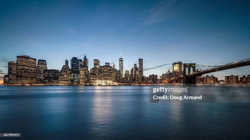 Lower Manhattan skyline at night, New York, USA