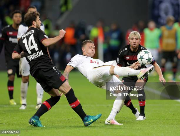 Admir Mehmedi of Leverkusen and Kieran Trippier of Tottenham and Kevin Kampl of Leverkusen battle for the ball during the UEFA Champions League group...