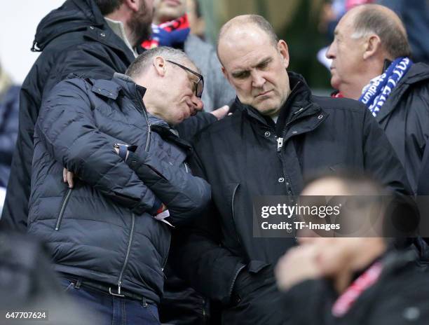 Head coach Peter Stoeger speak with Manager Joerg Schmadke during the UEFA Champions League group E soccer match between Bayer 04 Leverkusen and...