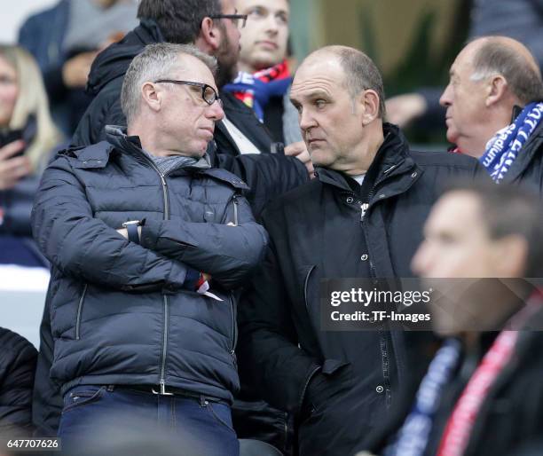 Head coach Peter Stoeger speak with Manager Joerg Schmadke during the UEFA Champions League group E soccer match between Bayer 04 Leverkusen and...