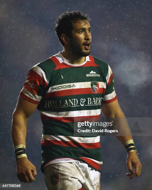 Maxime Mermoz of Leicester looks on during the Aviva Premiership match between Leicester Tigers and Exeter Chiefs at Welford Road on March 3, 2017 in...