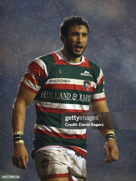 Maxime Mermoz of Leicester looks on during the Aviva Premiership match between Leicester Tigers and Exeter Chiefs at Welford Road on March 3, 2017 in...