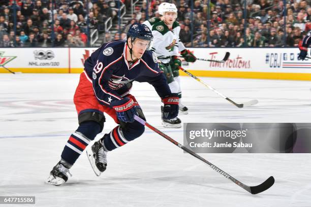Lauri Korpikoski of the Columbus Blue Jackets skates against the Minnesota Wild on March 2, 2017 at Nationwide Arena in Columbus, Ohio.