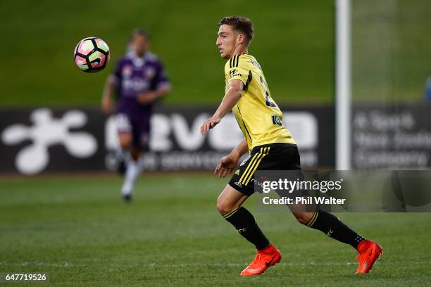 Matthew Ridenton of Wellington in action during the round 22 A-League match between the Wellington Phoenix and the Perth Glory at QBE Stadium on...