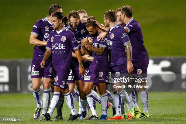 Perth celebrate a goal to Diego Castro during the round 22 A-League match between the Wellington Phoenix and the Perth Glory at QBE Stadium on March...